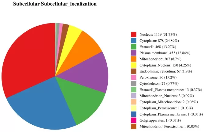 Subcellular distribution bar chart showing the proportion of differentially expressed proteins mapped to major cellular compartments including nucleus cytoplasm mitochondria and membrane